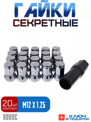 Секретки гайки 12*1,25 N042 (комплект 20 шт, ключ 17) хром фото 1