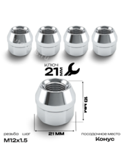 Гайка на колесо М12×1.5 (ключ 21) сквозная L21 хром (5шт) фото 1